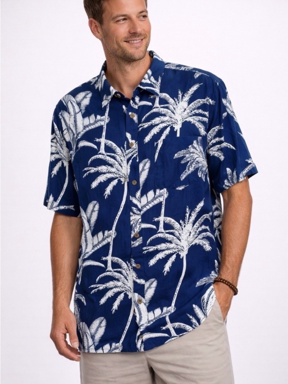 Margaritaville Men’s Shortsleeved  Navy Tropical Palm Print Button Down Shirt M